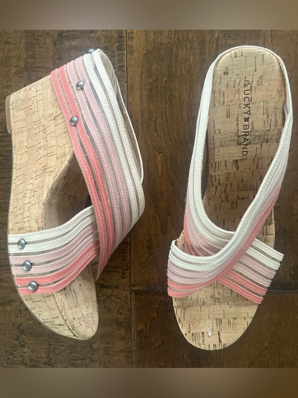 Lucky Brand Mykayla pink, beige and white striped elastic crisscross sandals